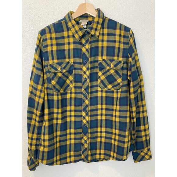 Duluth Trading Flannel Shirt Womens L Yellow Blue Plaid Free Swingin Button Up - Picture 1 of 11